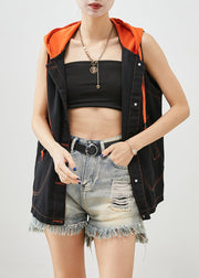 Unique Black Hooded Patchwork Denim Vests Fall