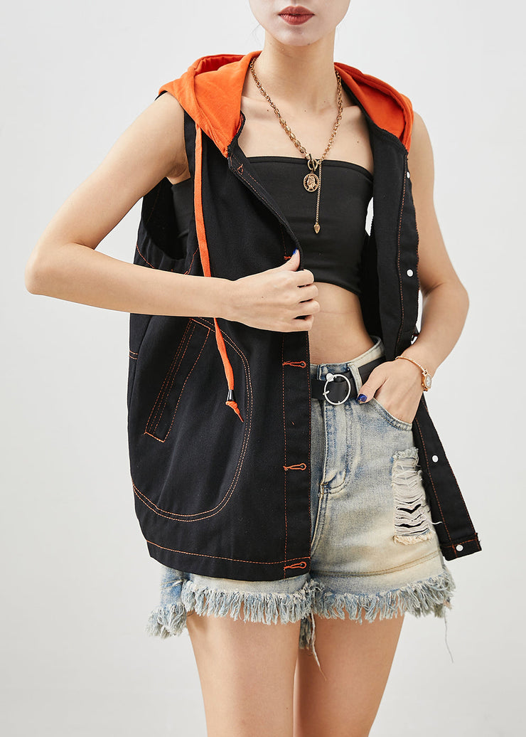 Unique Black Hooded Patchwork Denim Vests Fall