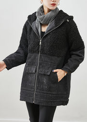 Unique Black Hooded Patchwork Woolen Denim Fine Cotton Filled Jackets Winter