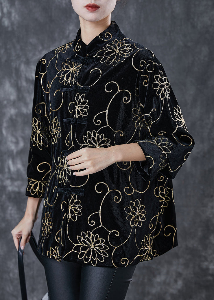 Unique Black Jacquard Chinese Button Silk Velour Coat Spring