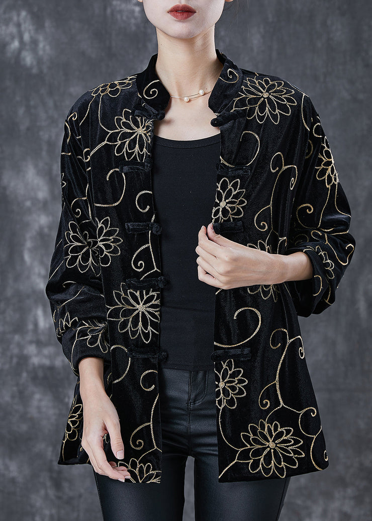 Unique Black Jacquard Chinese Button Silk Velour Coat Spring