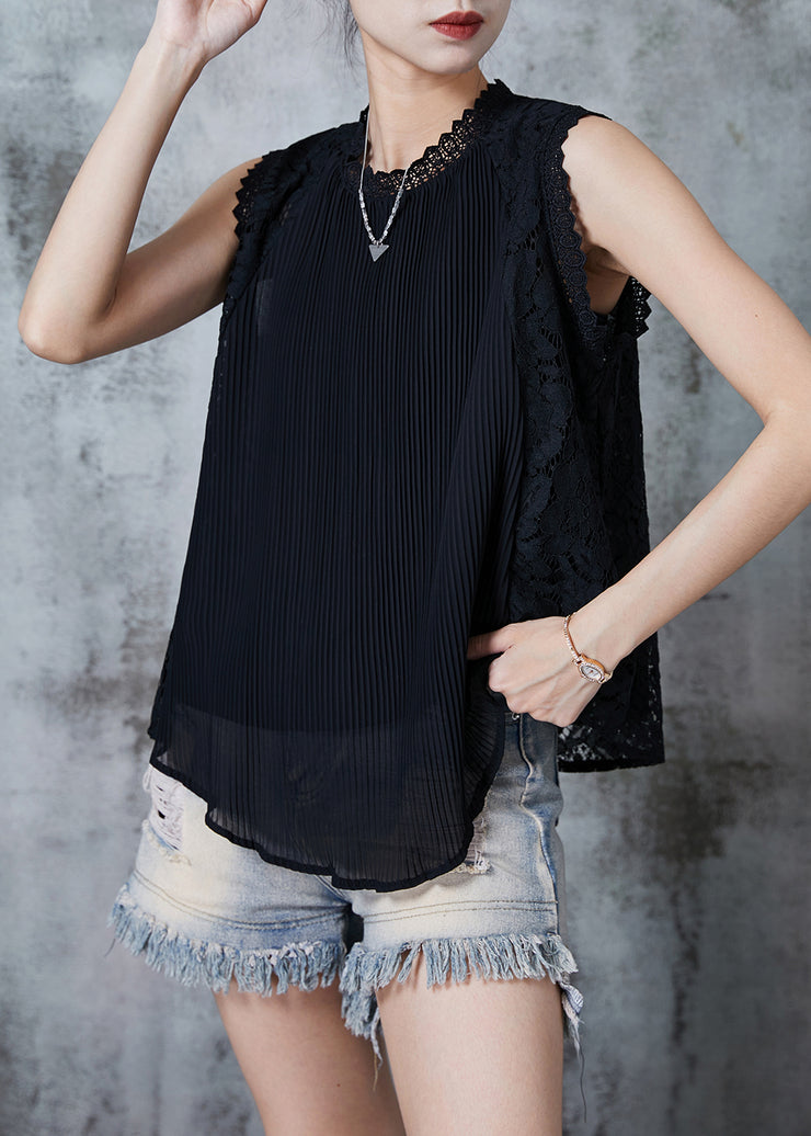 Unique Black Lace Patchwork Wrinkled Tanks Summer