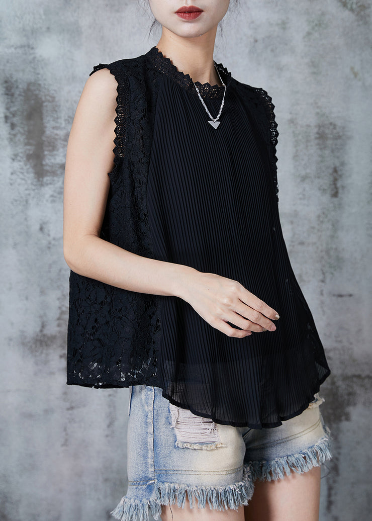 Unique Black Lace Patchwork Wrinkled Tanks Summer