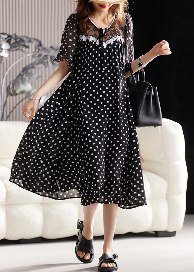 Unique Black Lace Up Print Lace Patchwork Chiffon Dress Summer