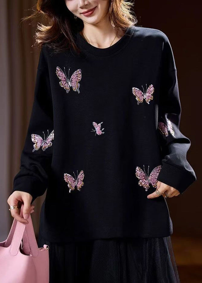 Unique Black O-Neck Butterfly Embroidered Pullover Spring