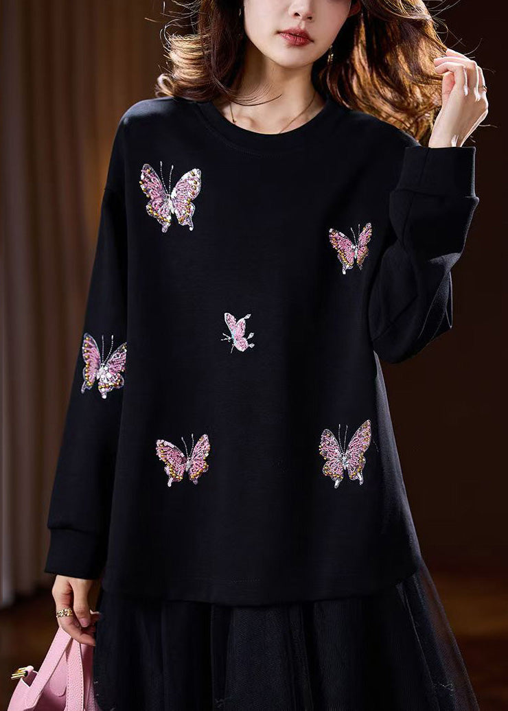 Unique Black O-Neck Butterfly Embroidered Pullover Spring