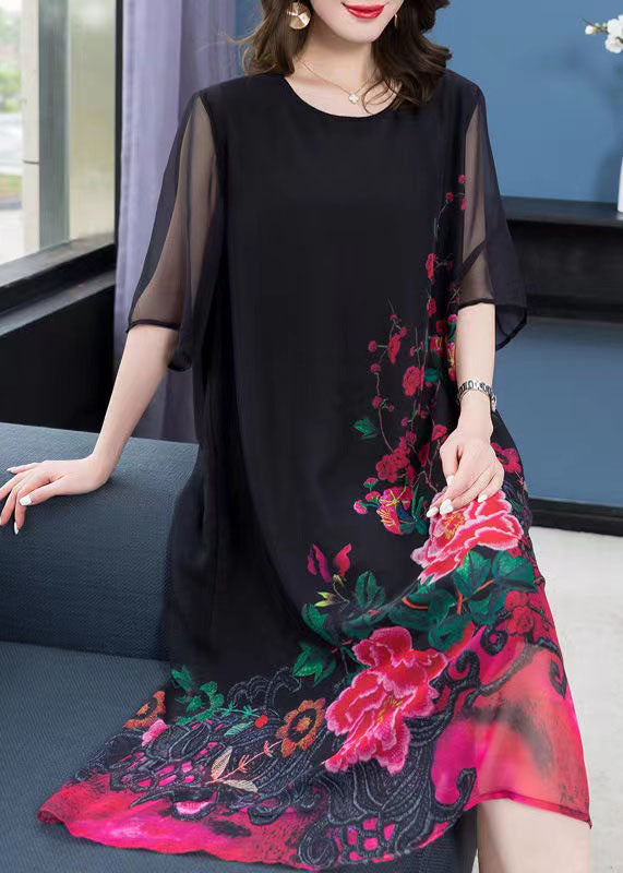 Unique Black O Neck Floral Print Patchwork Chiffon Dresses Summer