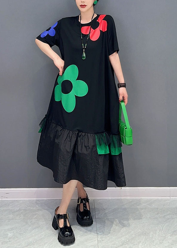 Unique Black O Neck Floral Wrinkled Patchwork Cotton Dress Summer