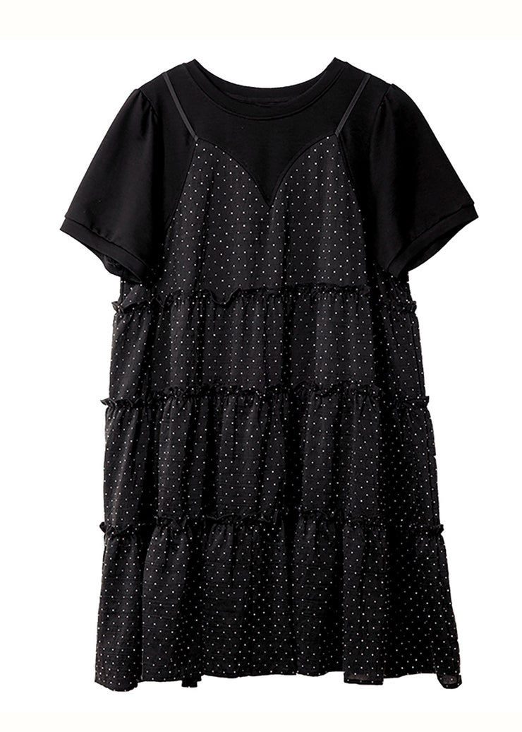Unique Black O-Neck Patchwork Dot Print Fake Two Pieces Chiffon Mid Dresses Summer