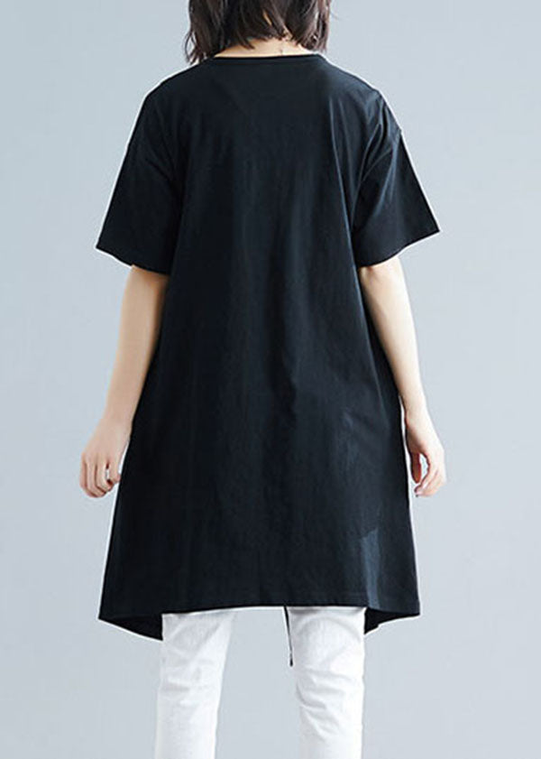 Unique Black O Neck Patchwork Front Open Cotton Top Short Sleeve