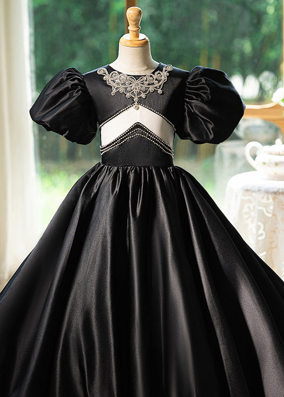 Unique Black O-Neck Patchwork Hollow Out Silk Girls Long Dress Summer