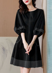 Unique Black O Neck Pockets Patchwork Cotton Mid Dresses Fall