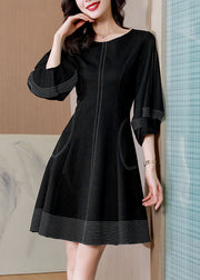 Unique Black O Neck Pockets Patchwork Cotton Mid Dresses Fall