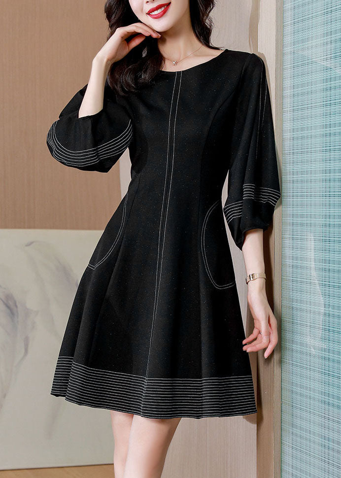 Unique Black O Neck Pockets Patchwork Cotton Mid Dresses Fall