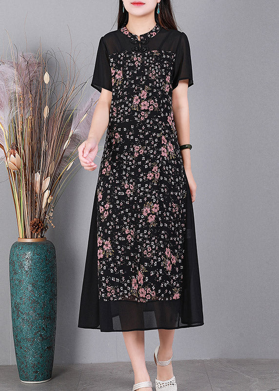 Unique Black O-Neck Print Button Tulle Long Dress Short Sleeve