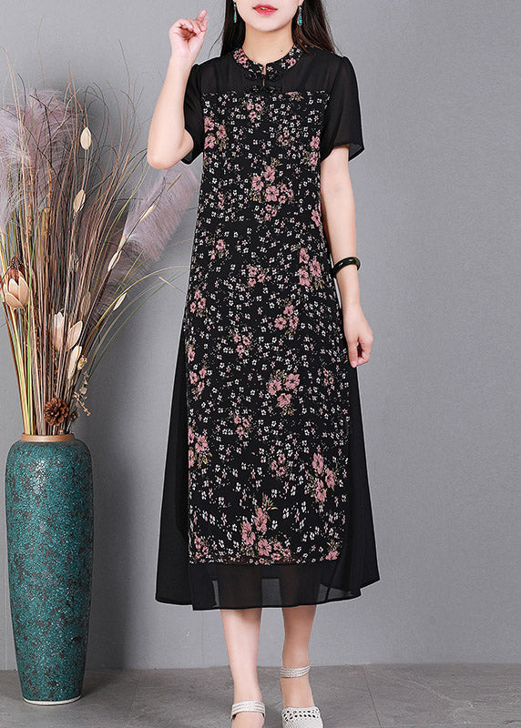 Unique Black O-Neck Print Button Tulle Long Dress Short Sleeve