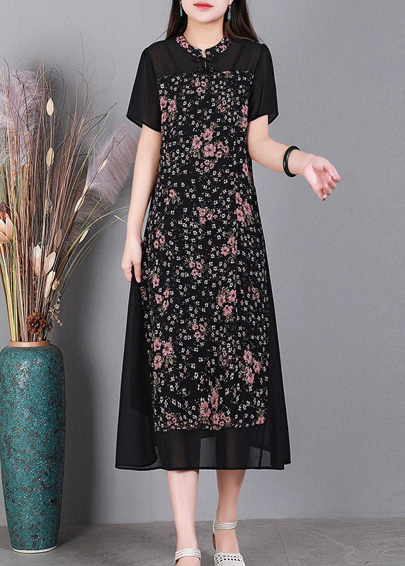 Unique Black O-Neck Print Button Tulle Long Dress Short Sleeve