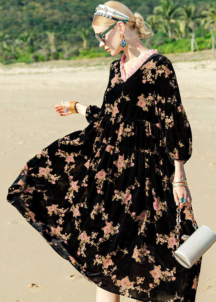 Unique Black O-Neck Print Patchwork Silk Velour Maxi Dress Long Sleeve