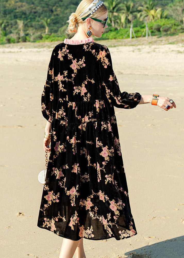 Unique Black O-Neck Print Patchwork Silk Velour Maxi Dress Long Sleeve