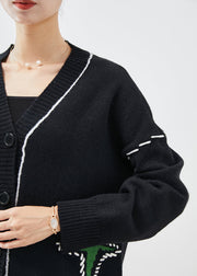 Unique Black Oversized Jacquard Knit Cardigan Fall