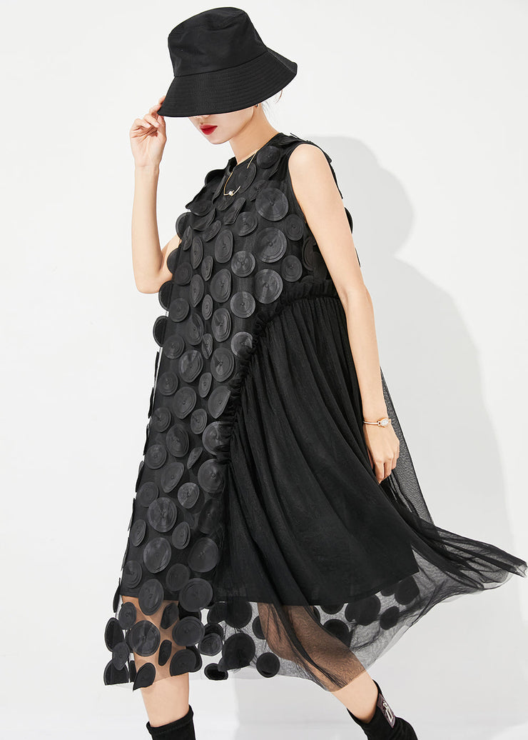 Unique Black Oversized Patchwork Tulle Holiday Dress Sleeveless