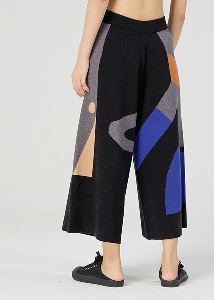 Unique Black Oversized Print Knit Wide Leg Pants Spring