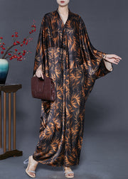 Unique Black Oversized Print Silk Ankle Dresses Batwing Sleeve