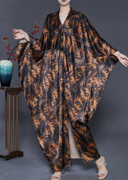 Unique Black Oversized Print Silk Ankle Dresses Batwing Sleeve