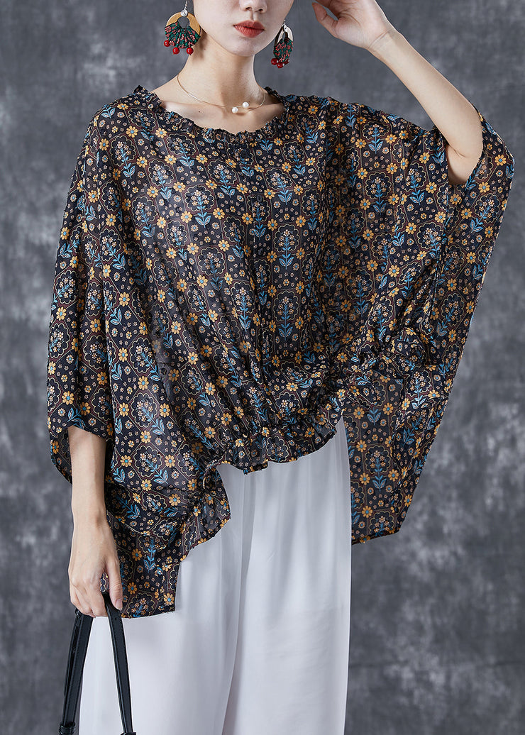 Unique Black Oversized Print Wrinkled Cotton Shirt Batwing Sleeve