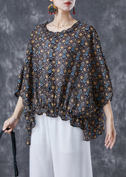 Unique Black Oversized Print Wrinkled Cotton Shirt Batwing Sleeve