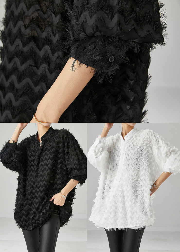 Unique Black Oversized Tasseled Striped Cotton Blouses Spring