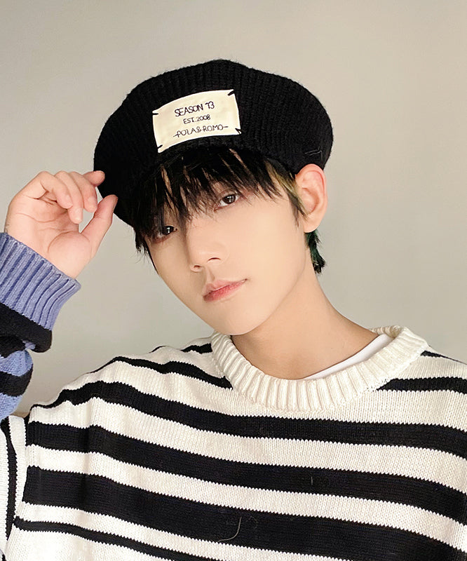 Unique Black Patch Men Knit Beret Hat