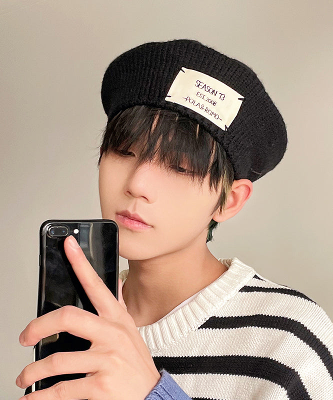 Unique Black Patch Men Knit Beret Hat