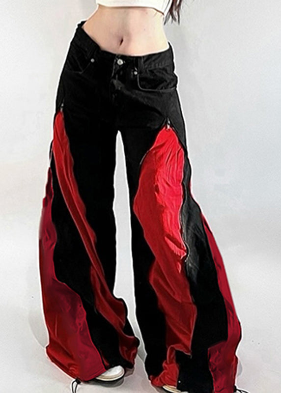 Unique Black Patchwork Drawstring Cotton Wide Leg Pants Spring