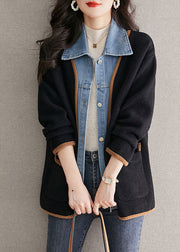 Unique Black Peter Pan Collar Denim Patchwork Woolen Fake Two Piece Coat Fall