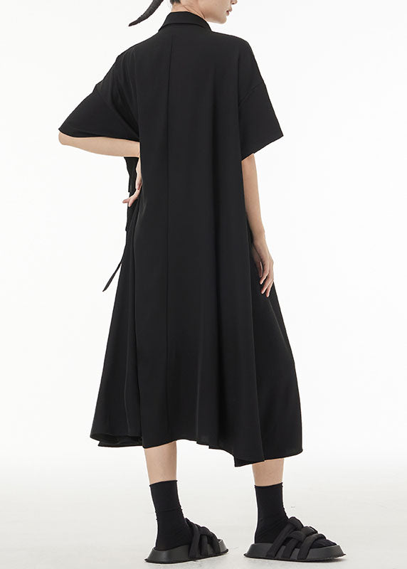 Unique Black Peter Pan Collar Patchwork Button Cotton Long Dress Summer