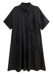 Unique Black Peter Pan Collar Patchwork Button Cotton Long Dress Summer