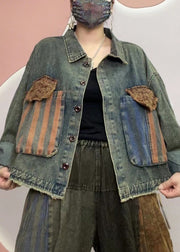 Unique Black Peter Pan Collar Pockets Patchwork Denim Coat Fall