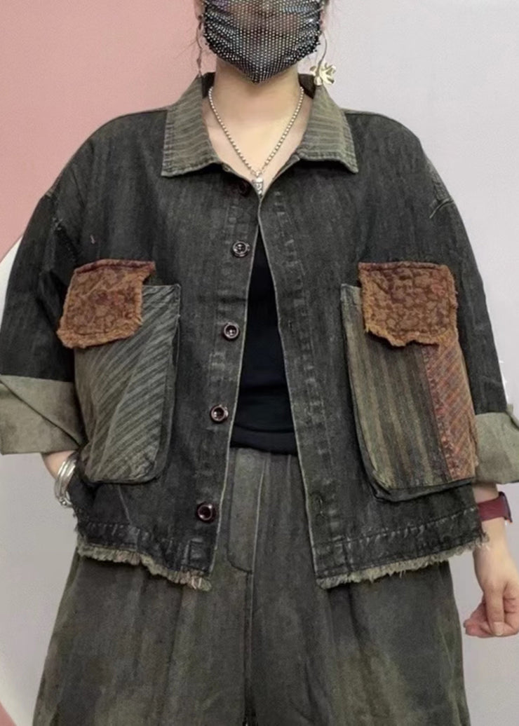 Unique Black Peter Pan Collar Pockets Patchwork Denim Coat Fall