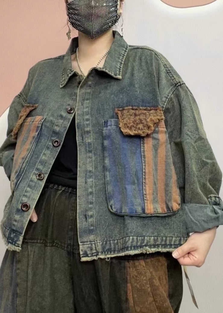 Unique Black Peter Pan Collar Pockets Patchwork Denim Coat Fall