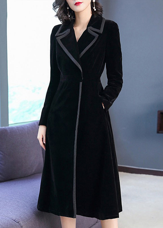 Unique Black Peter Pan Collar Pockets Patchwork Velour Trench Winter