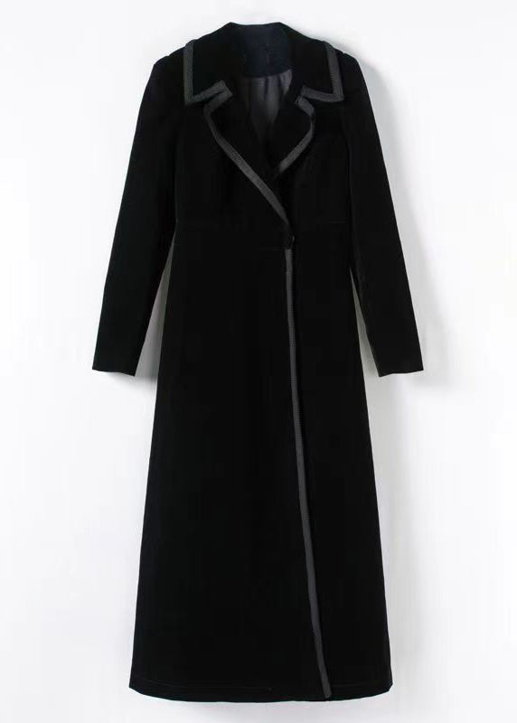 Unique Black Peter Pan Collar Pockets Patchwork Velour Trench Winter