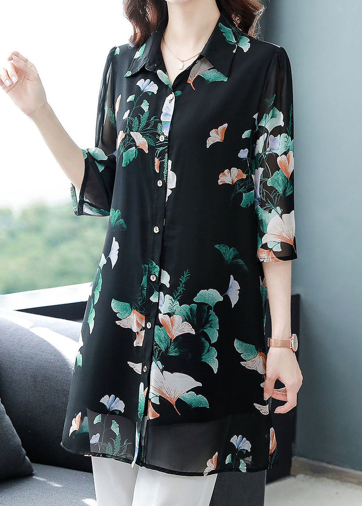 Unique Black Peter Pan Collar Print Patchwork Chiffon Shirts Bracelet Sleeve