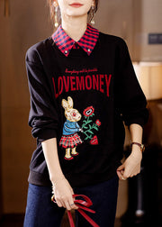 Unique Black Peter Pan Collar Print Patchwork Cotton Sweatshirts Fall