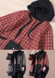 Unique Black Plaid Oversized Fine Parka Hoodies Outwear Winter Jacket