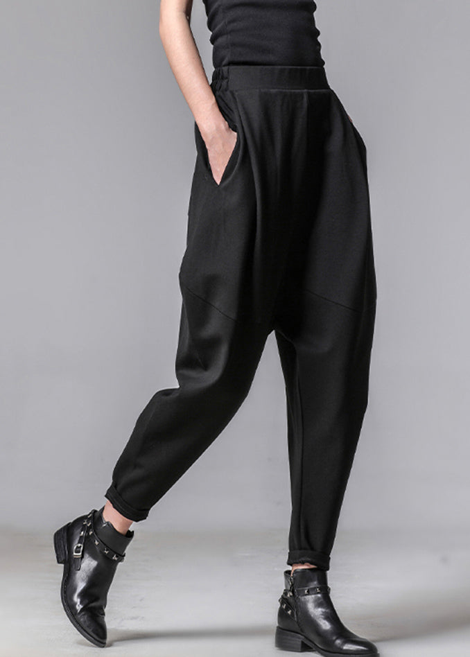 Unique Black Pockets Elastic Waist Cotton Harem Pants Spring