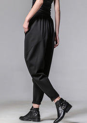 Unique Black Pockets Elastic Waist Cotton Harem Pants Spring