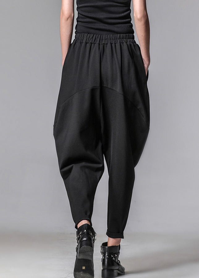 Unique Black Pockets Elastic Waist Cotton Harem Pants Spring