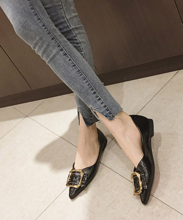 Unique Black Pointed Toe Splicing Flat Shoes