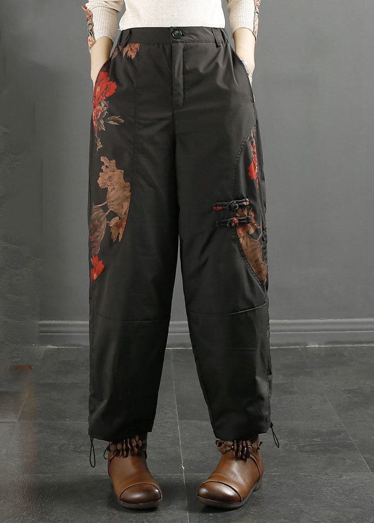 Unique Black Print High Waist Duck Down Beam Pants Winter